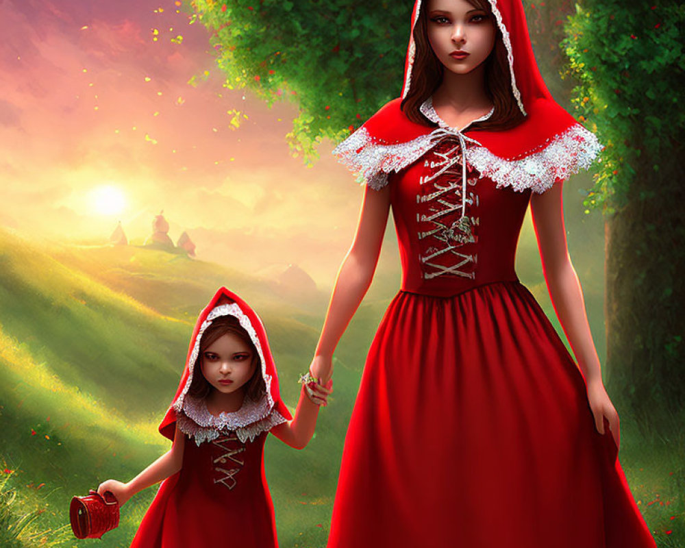 Two girls in red hooded capes walking in sunlit forest with basket and distant horseman.