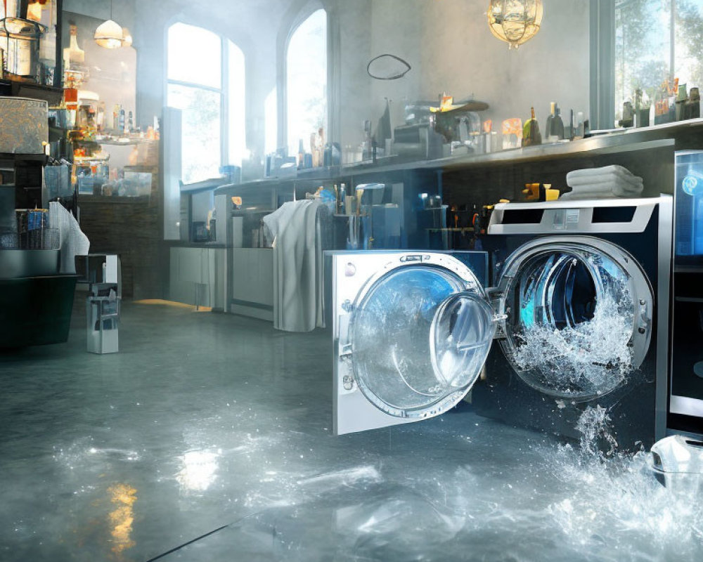 Flooded laundromat with overflowing washing machine under ambient lighting