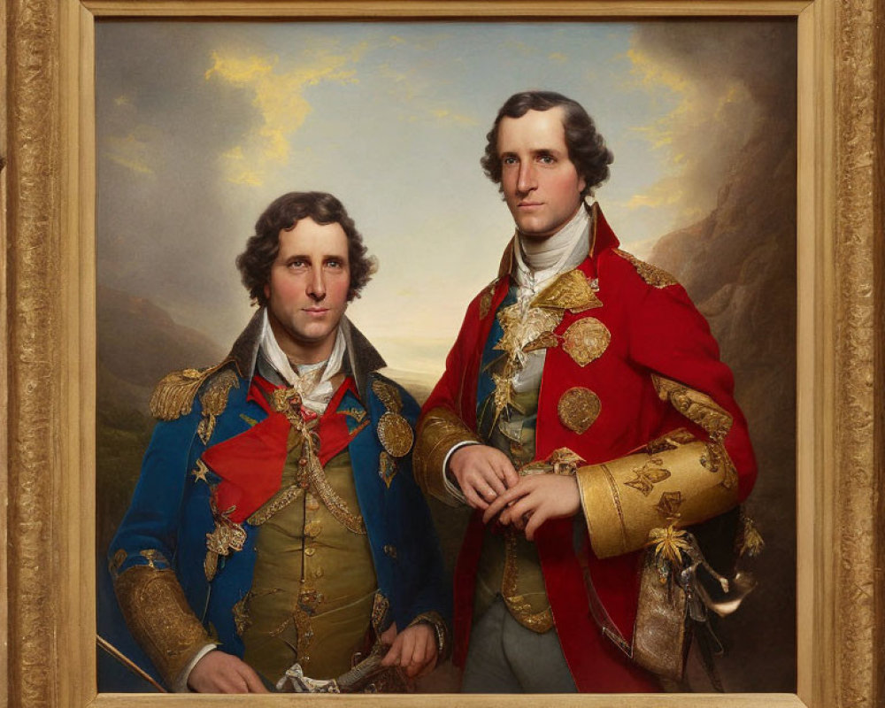 Two Men in Ornate Military Uniforms Standing Together in Dramatic Landscape