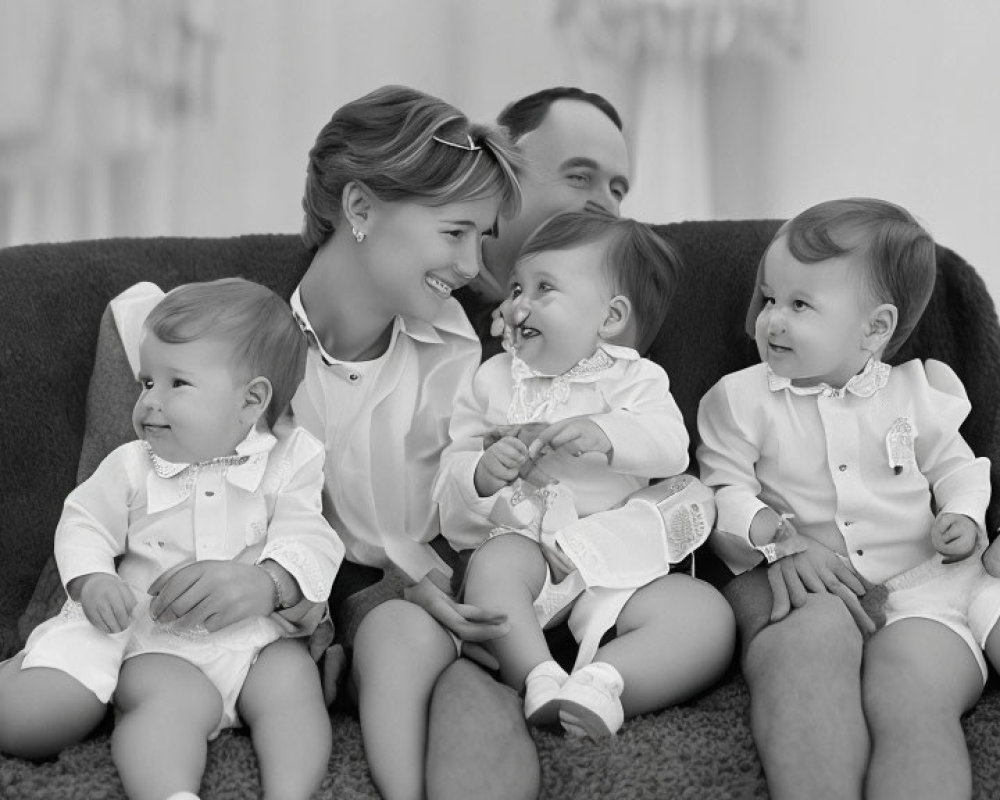 Black and white photo of smiling family with couple and three toddlers in matching outfits