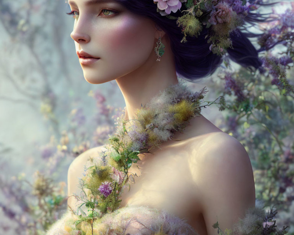 Woman with floral headpiece and moss-like adornments in fantasy nature setting