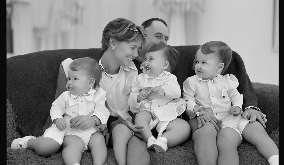 Black and white photo of smiling family with couple and three toddlers in matching outfits