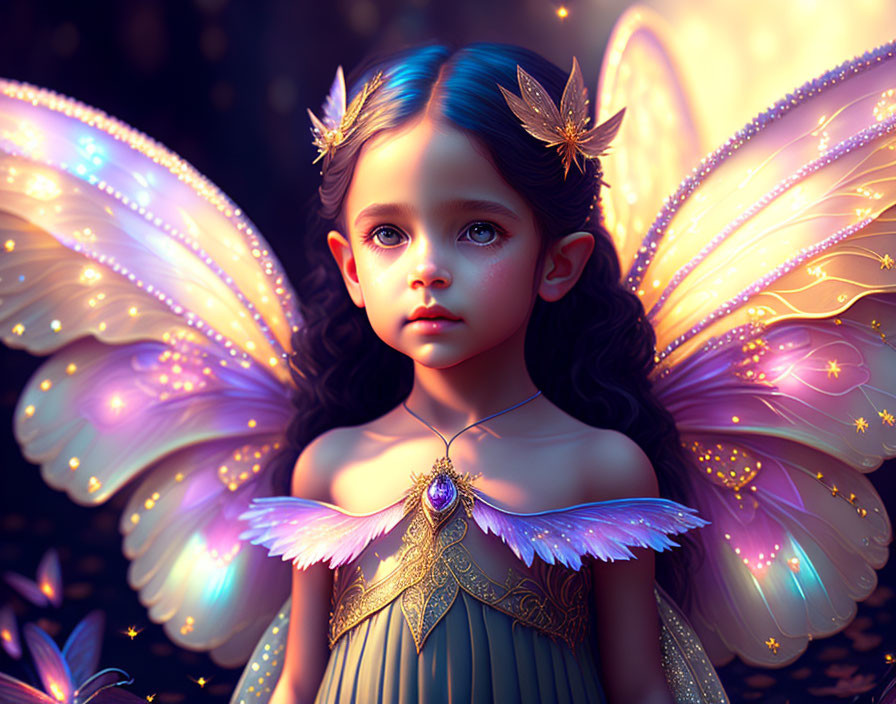 Young fairy digital artwork with luminous wings and purple gem necklace