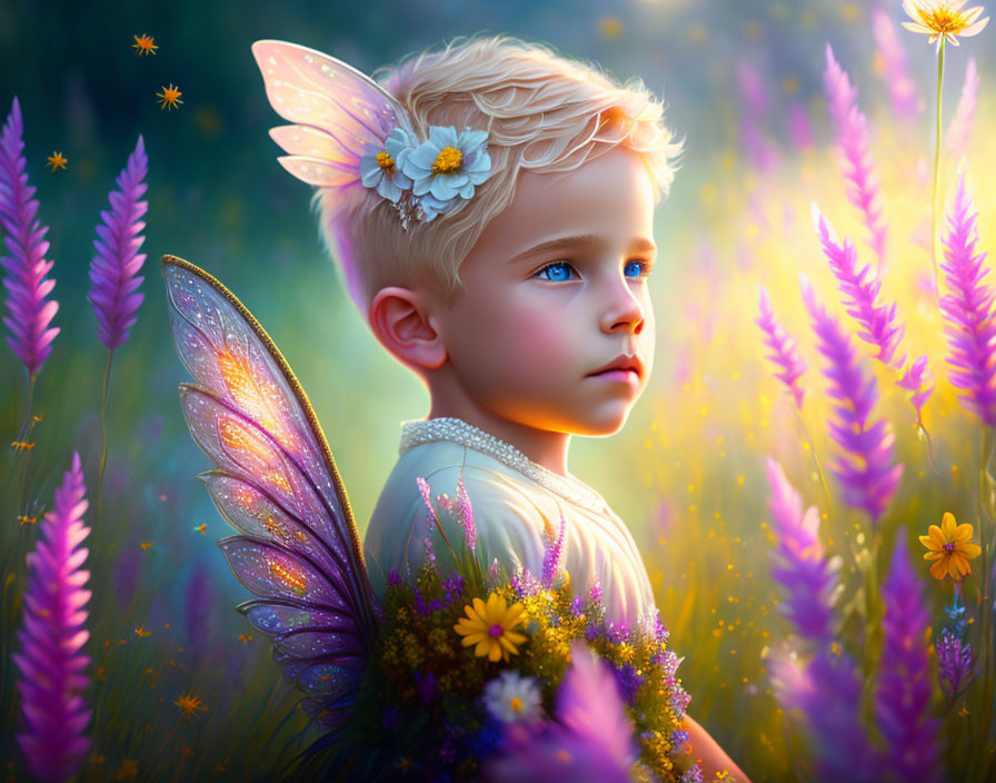 Child with fairy wings in sunlit meadow surrounded by purple and yellow flowers