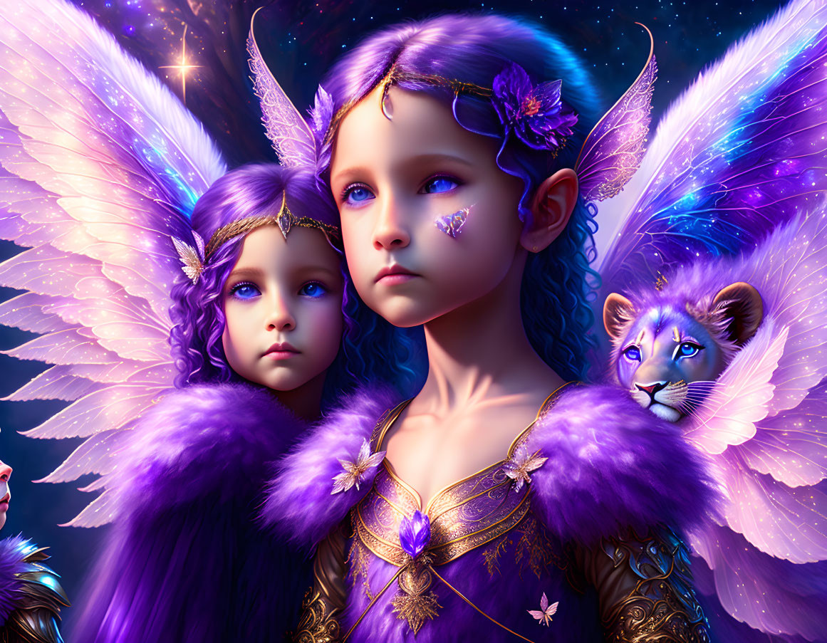 Ethereal beings with purple hair and wings in regal attire with a blue winged lion cub