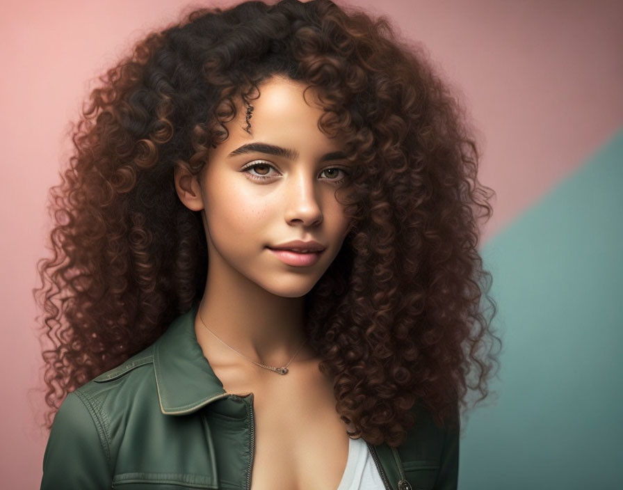 Curly Haired Woman in Green Jacket on Pink and Blue Background