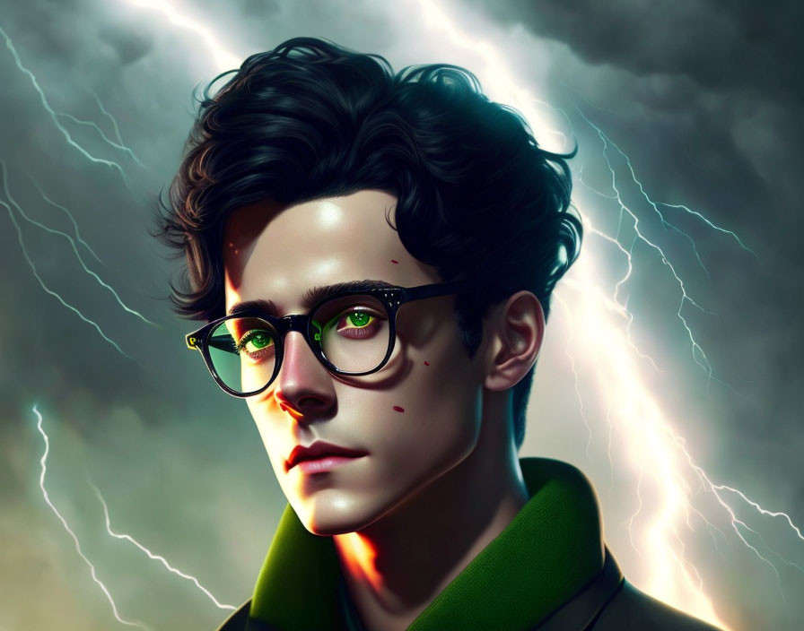 Young man with curly hair and glasses in dramatic digital portrait