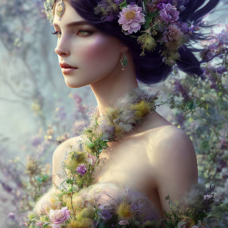 Woman with floral headpiece and moss-like adornments in fantasy nature setting