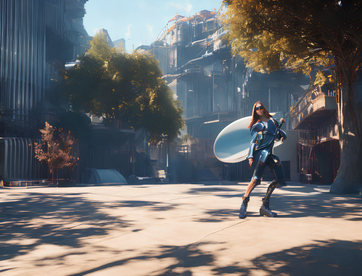 Futuristic warrior in sleek armor with circular shield on city street