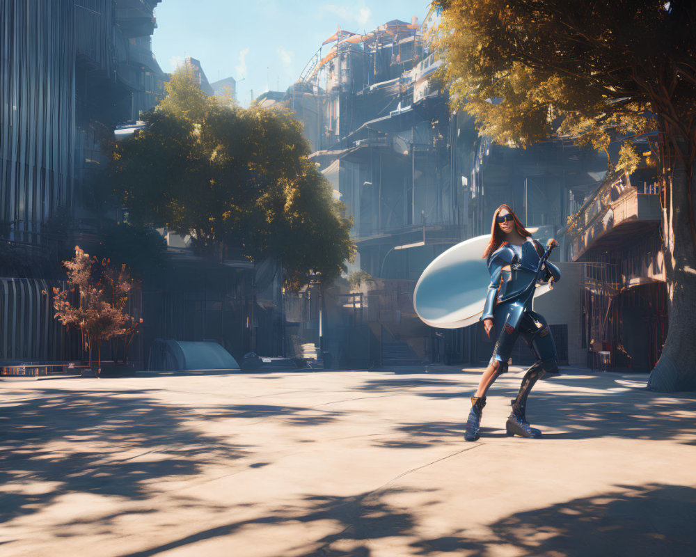 Futuristic warrior in sleek armor with circular shield on city street