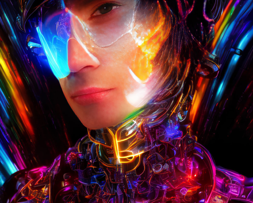 Futuristic portrait with transparent helmet and neon colors