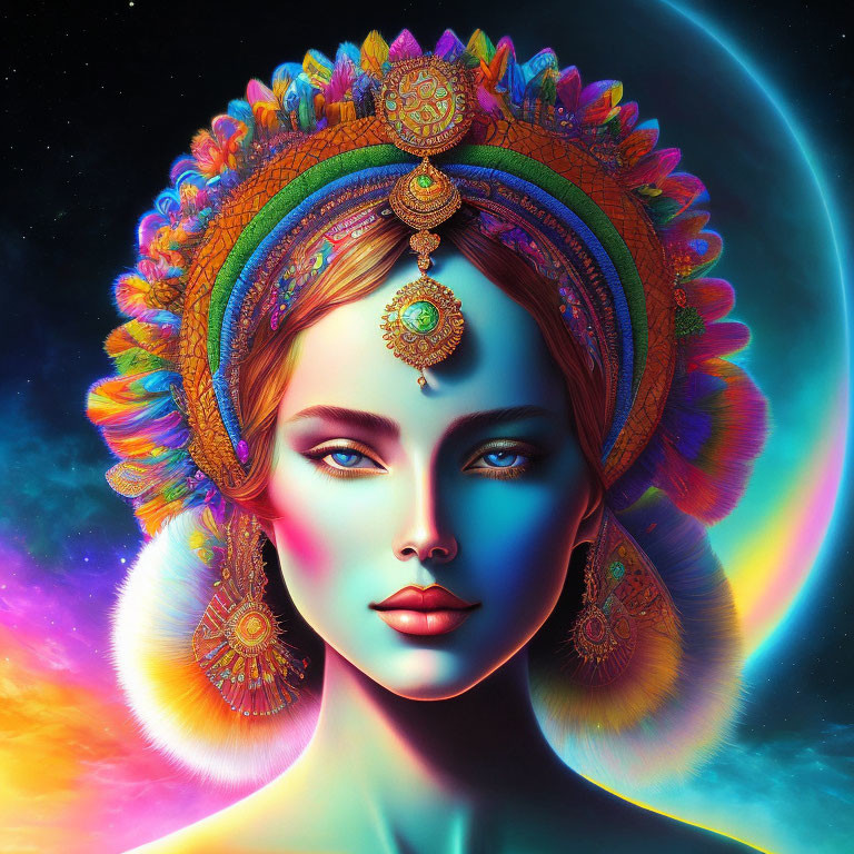 Colorful Woman with Headdress and Moon in Cosmic Background