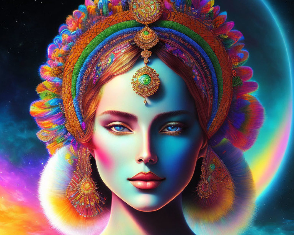 Colorful Woman with Headdress and Moon in Cosmic Background