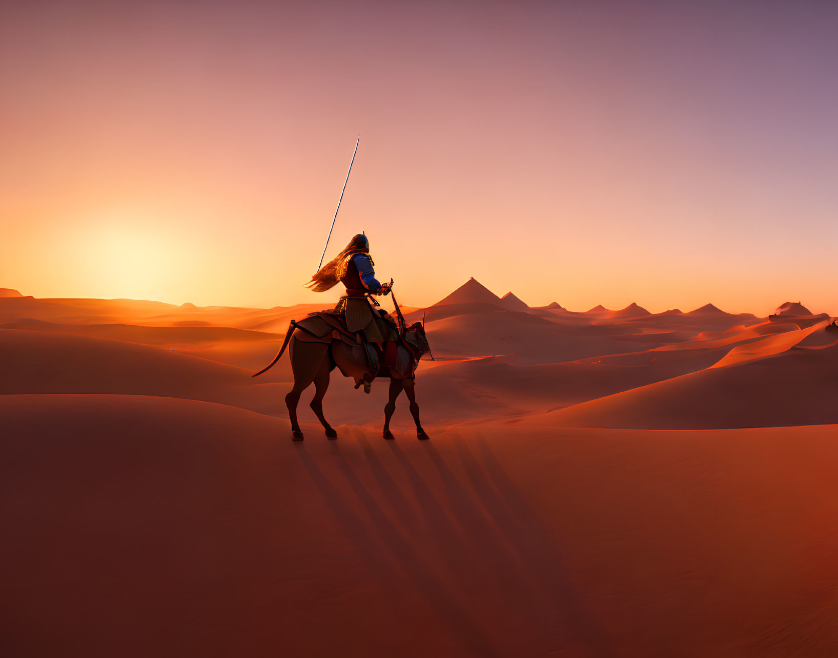 Silhouette of mounted figure with spear in desert sunset