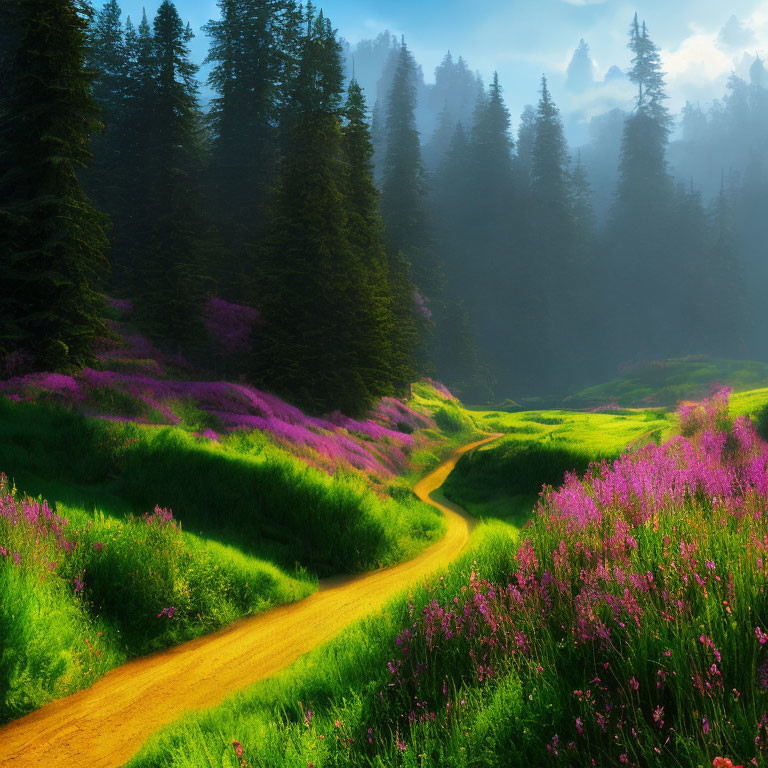 Scenic forest path with purple wildflowers in soft sunlight