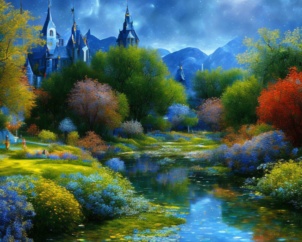 Nighttime landscape with castle, full moon, colorful flora, and serene river