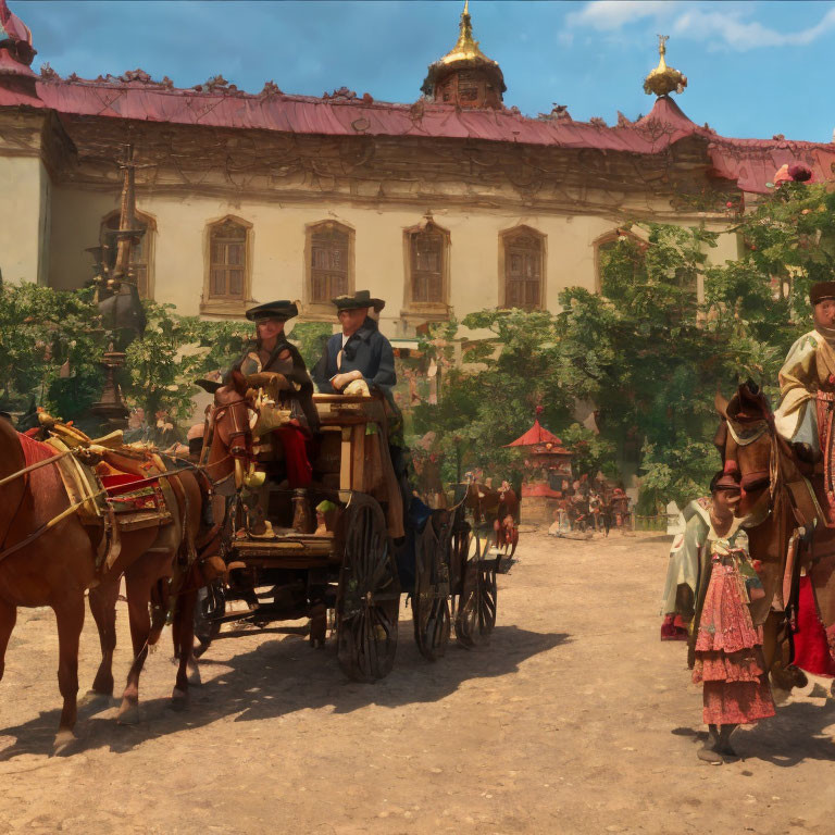 Historical town square with horse-drawn carriage and period attire pedestrians