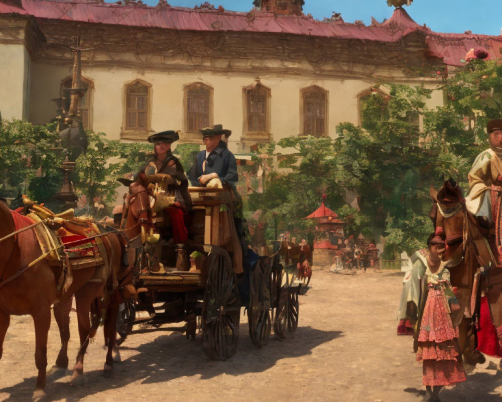 Historical town square with horse-drawn carriage and period attire pedestrians