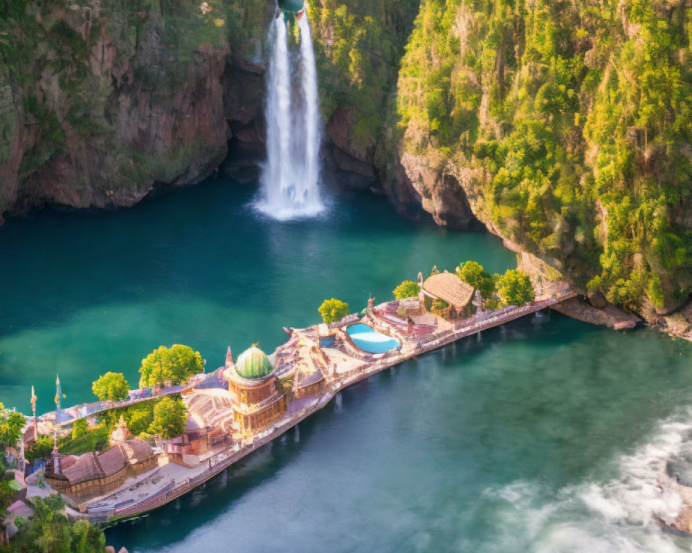 Scenic aerial view of waterfall, turquoise pool, jetty, traditional buildings, and lush cliffs