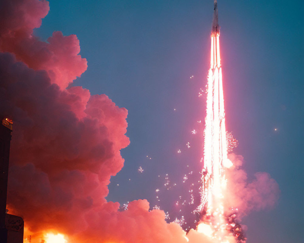 Rocket launching at dusk with fiery exhaust against blue sky