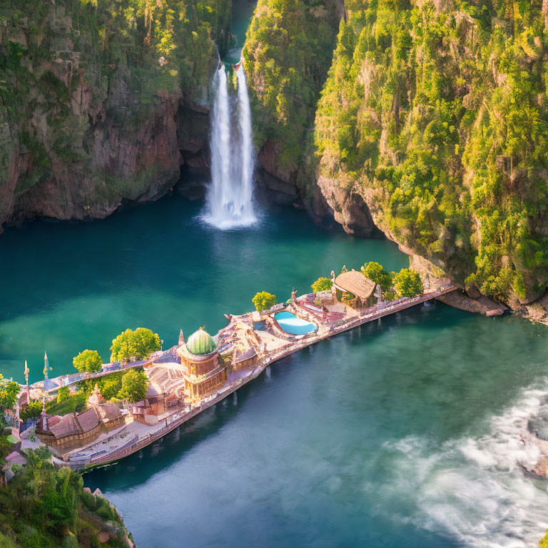 Scenic aerial view of waterfall, turquoise pool, jetty, traditional buildings, and lush cliffs