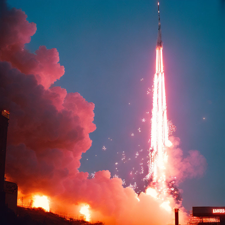 Rocket launching at dusk with fiery exhaust against blue sky