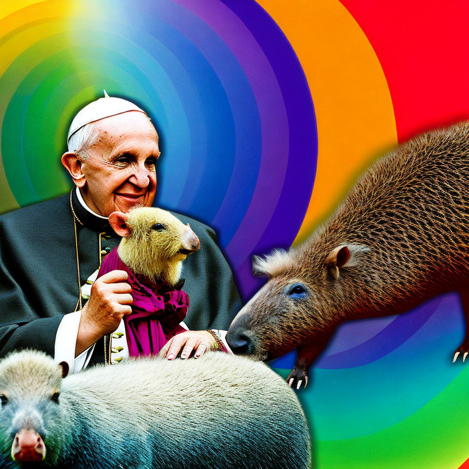 Colorful Artistic Image: Man in Religious Attire with Capybaras on Rainbow Background