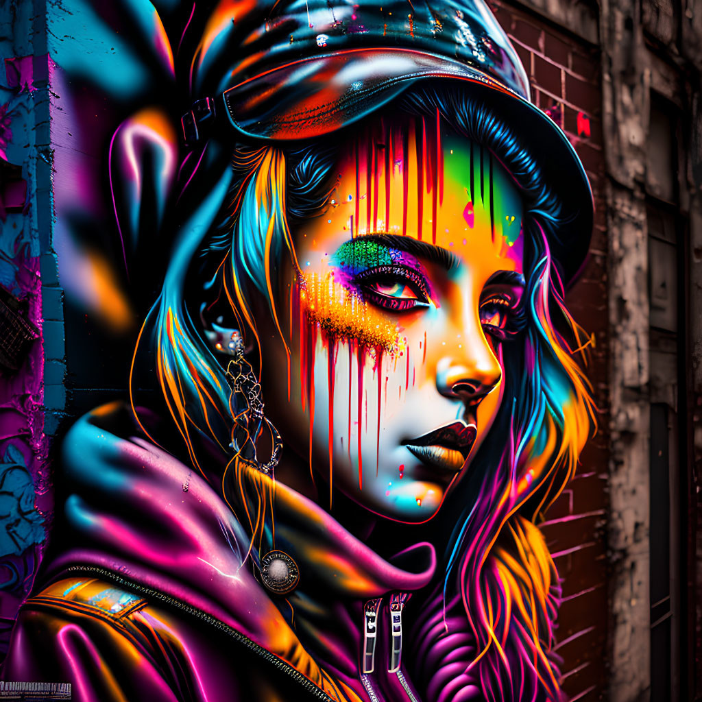 Colorful graffiti-style artwork of woman with cap and futuristic jacket against urban backdrop