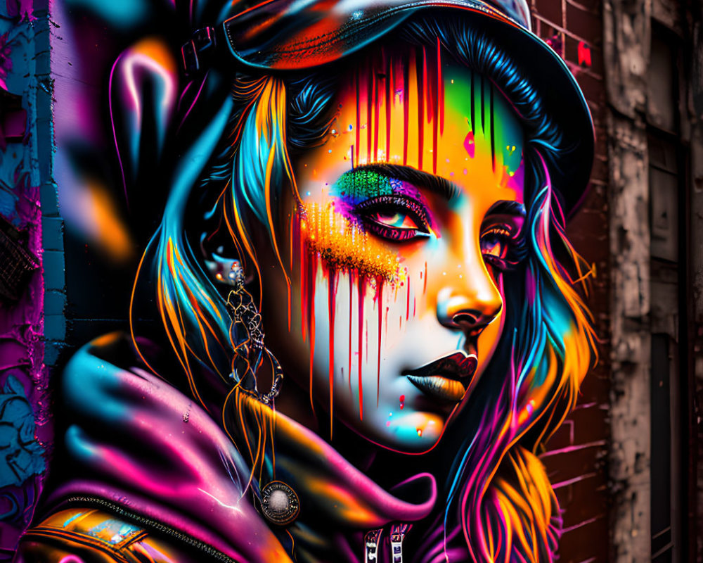 Colorful graffiti-style artwork of woman with cap and futuristic jacket against urban backdrop