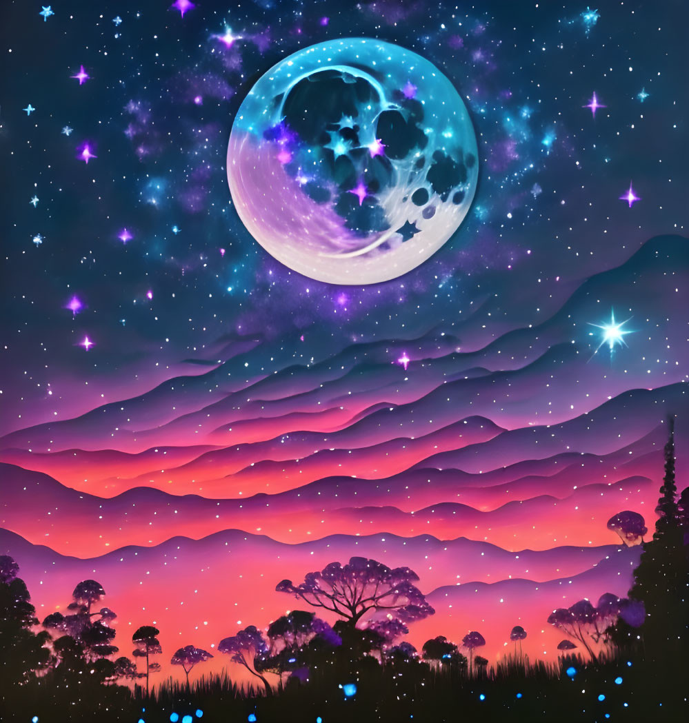 Vibrant digital artwork: Moon over mountains in starry sky