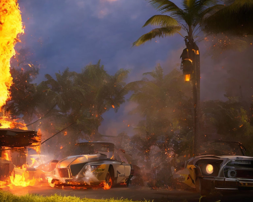 Dramatic dusk scene with police car, burning structure, and palm trees