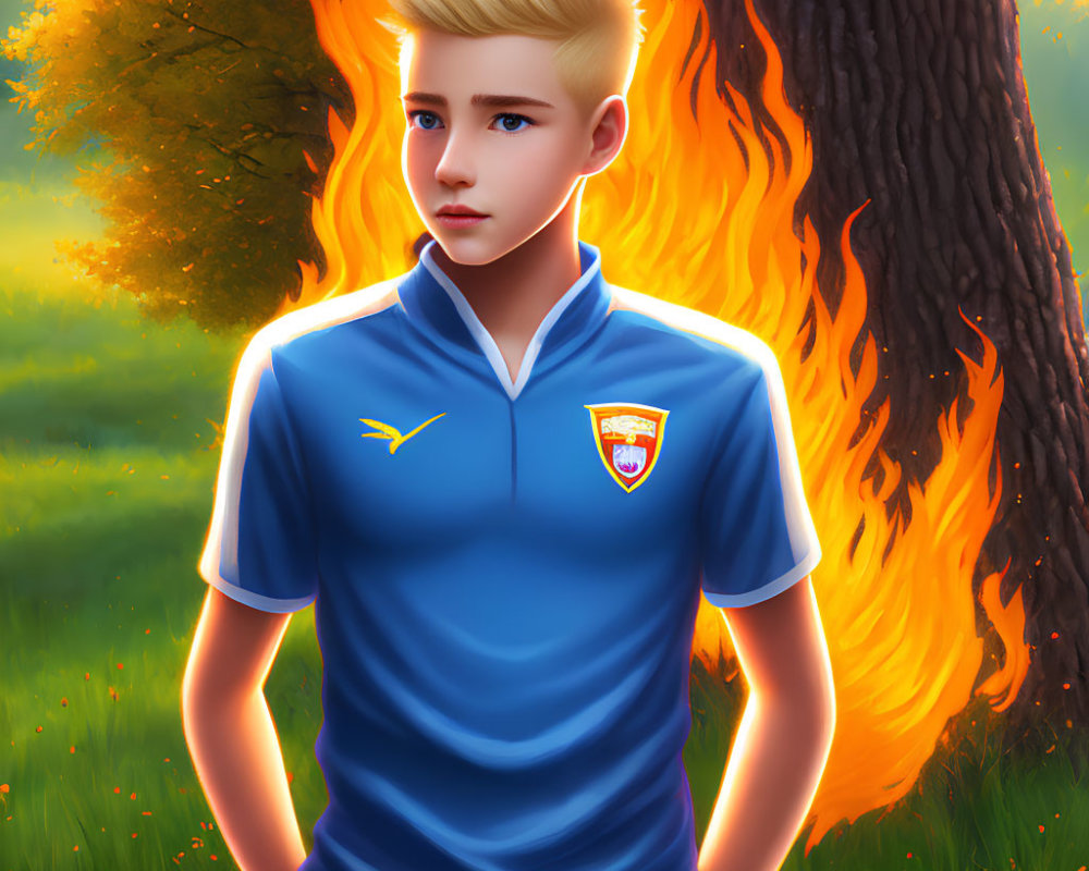 Blonde young person in blue sports jersey in sunlit field with fiery orange tree