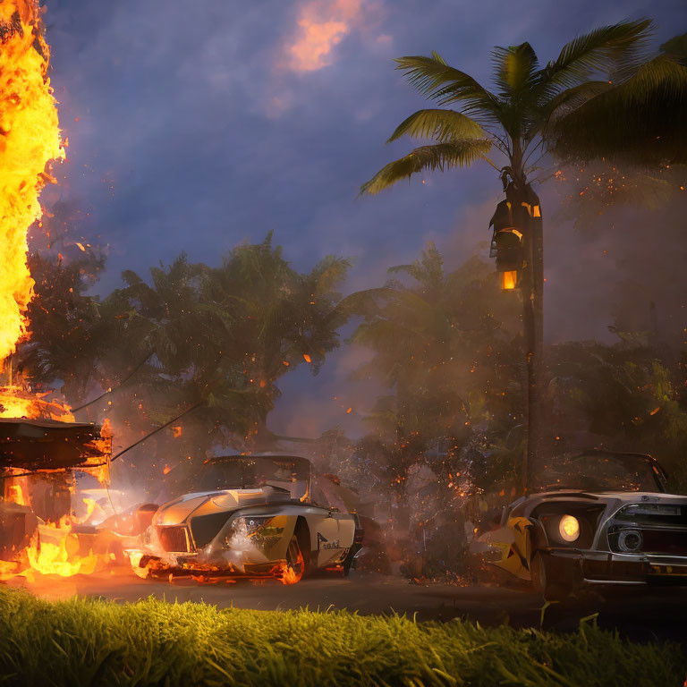 Dramatic dusk scene with police car, burning structure, and palm trees