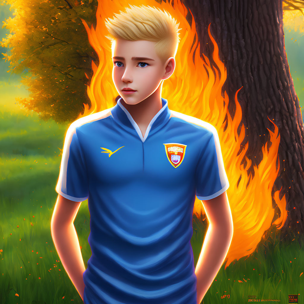 Blonde young person in blue sports jersey in sunlit field with fiery orange tree