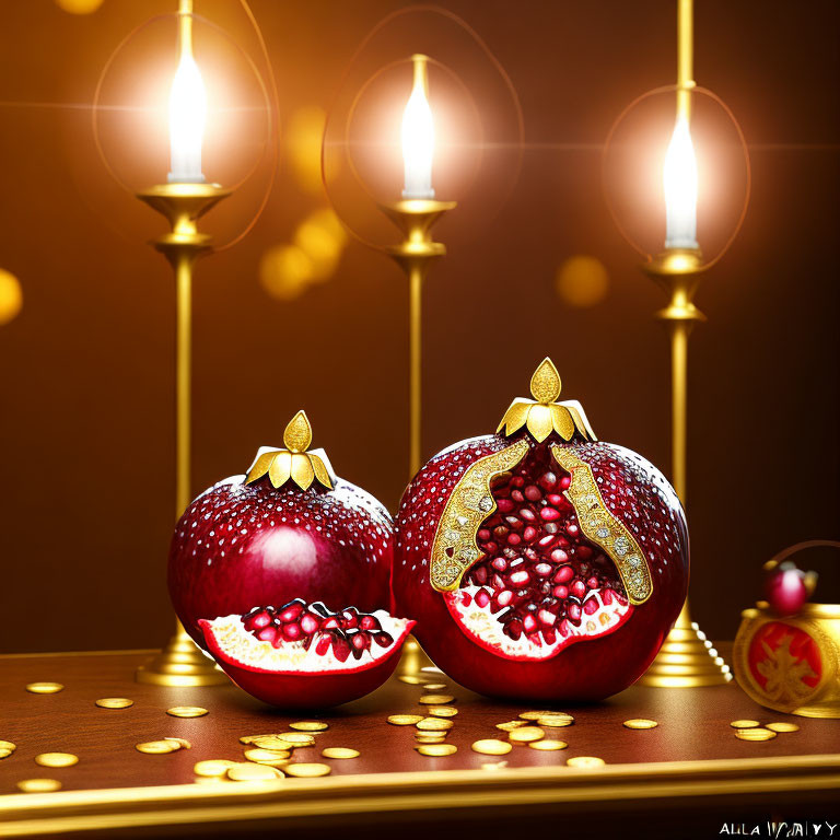 Ornate pomegranates on luxurious backdrop with candles and golden bokeh