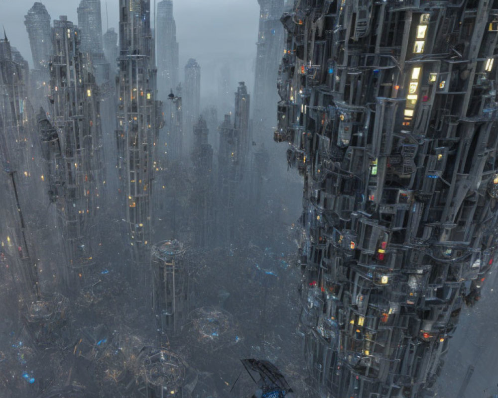 Futuristic cityscape with mist, skyscrapers, and flying vehicles