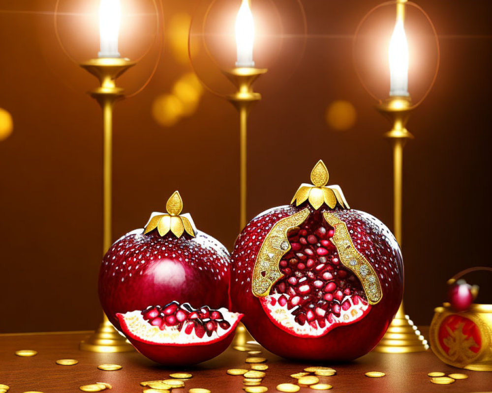 Ornate pomegranates on luxurious backdrop with candles and golden bokeh