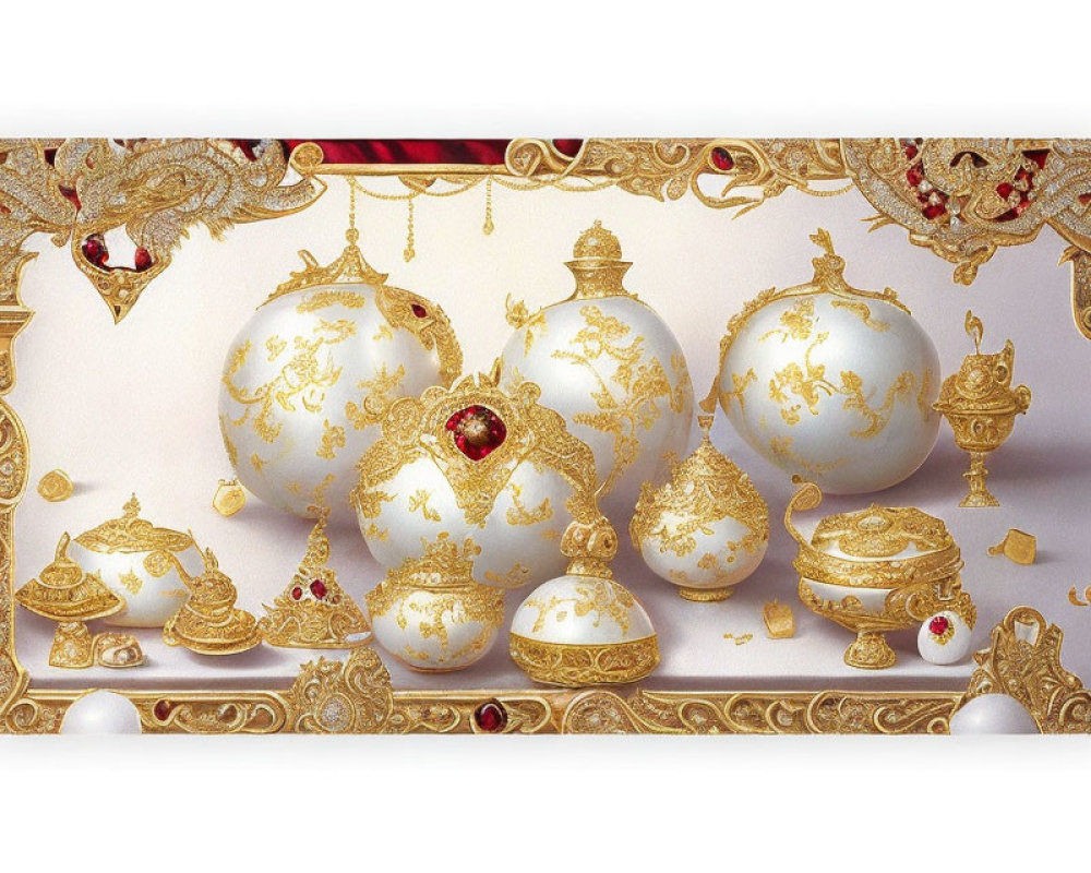 Luxurious White and Gold Ornamental Objects with Intricate Designs and Jewels