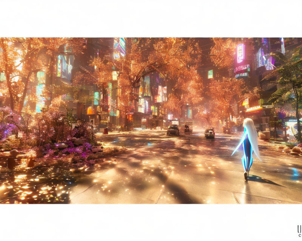 Ethereal figure in autumn city street with glowing signs