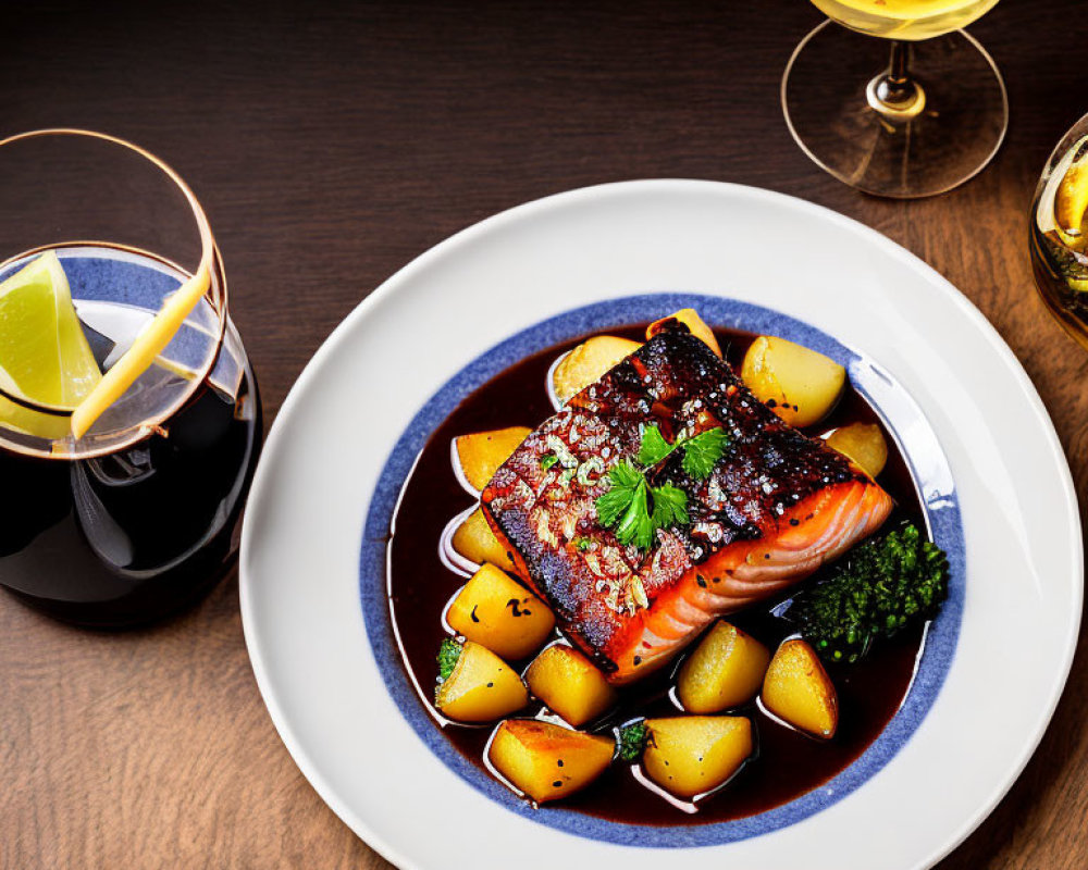 Salmon Fillet with Herbs, Roasted Potatoes, White Wine, and Lime Slice