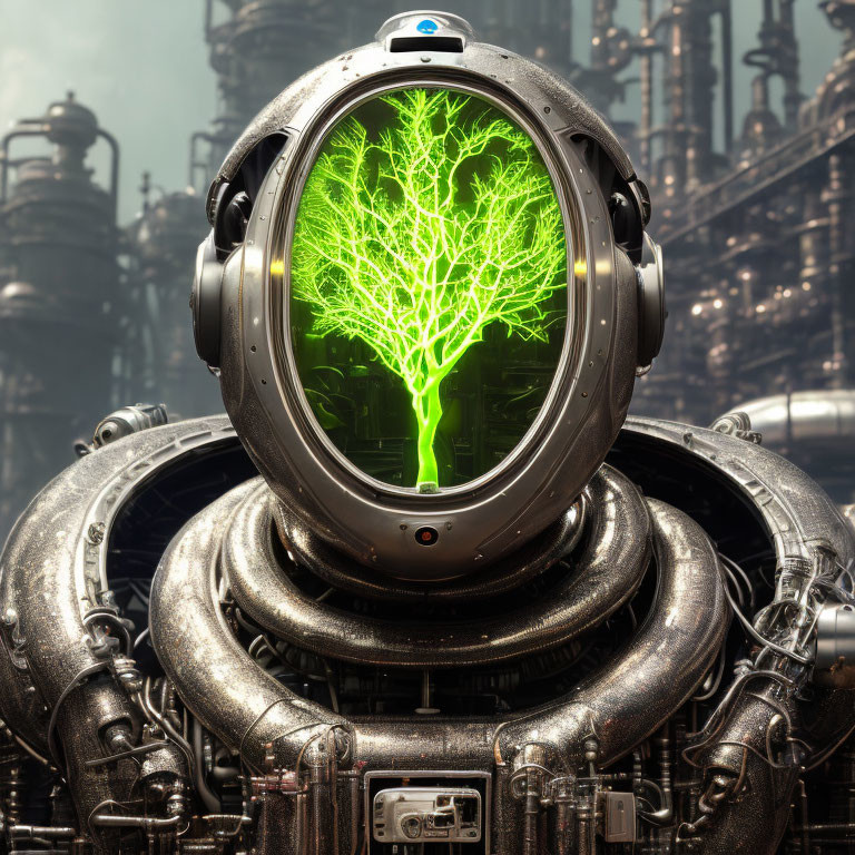 Transparent-headed robot with glowing green tree in futuristic industrial setting