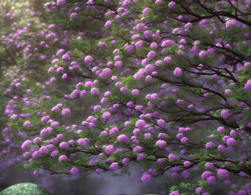 Vibrant purple flowers on lush tree branches in misty forest