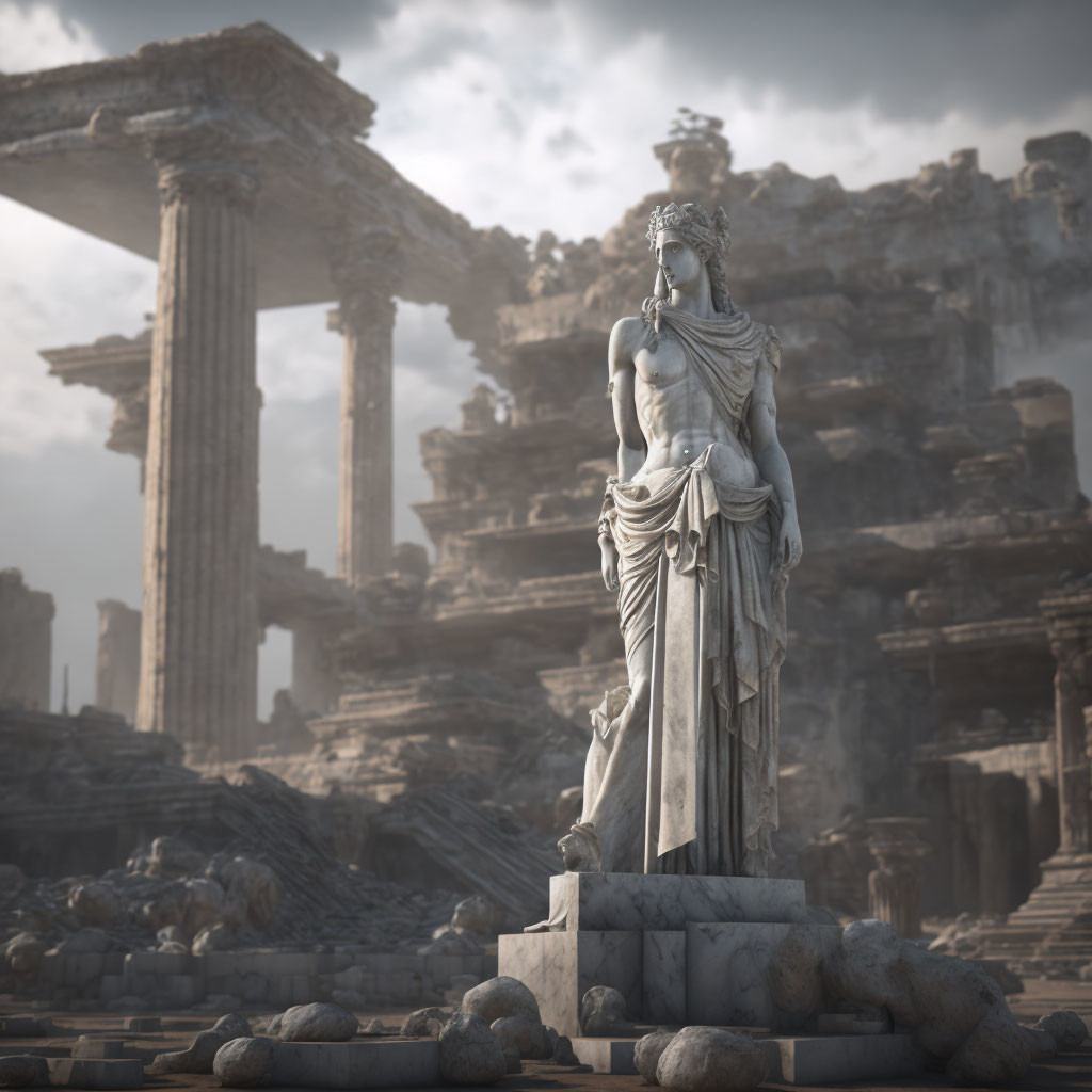 Majestic robed woman statue in ancient ruins with towering pillars