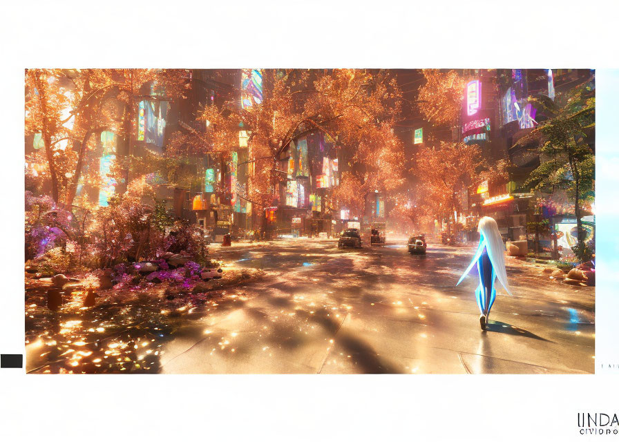 Ethereal figure in autumn city street with glowing signs