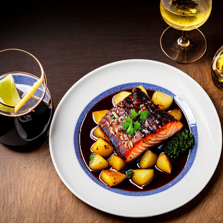 Salmon Fillet with Herbs, Roasted Potatoes, White Wine, and Lime Slice