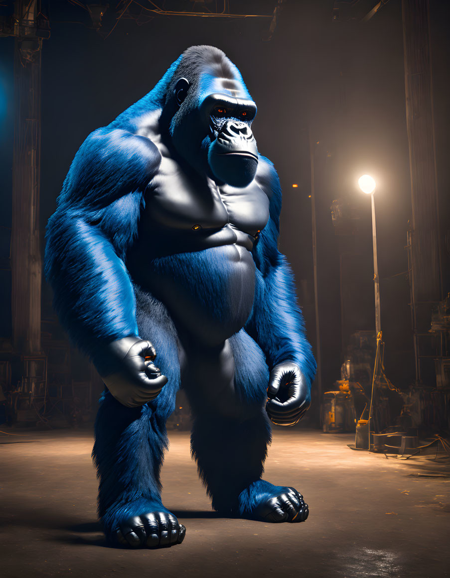 Blue gorilla with black accents under spotlight in industrial setting