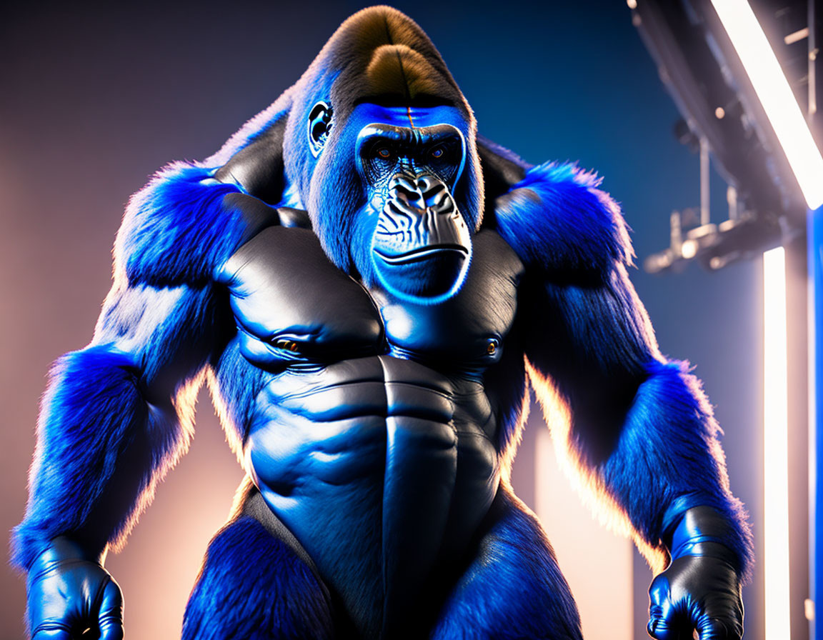 Muscular blue-haired gorilla with neon visor in confident pose against blue and purple backdrop