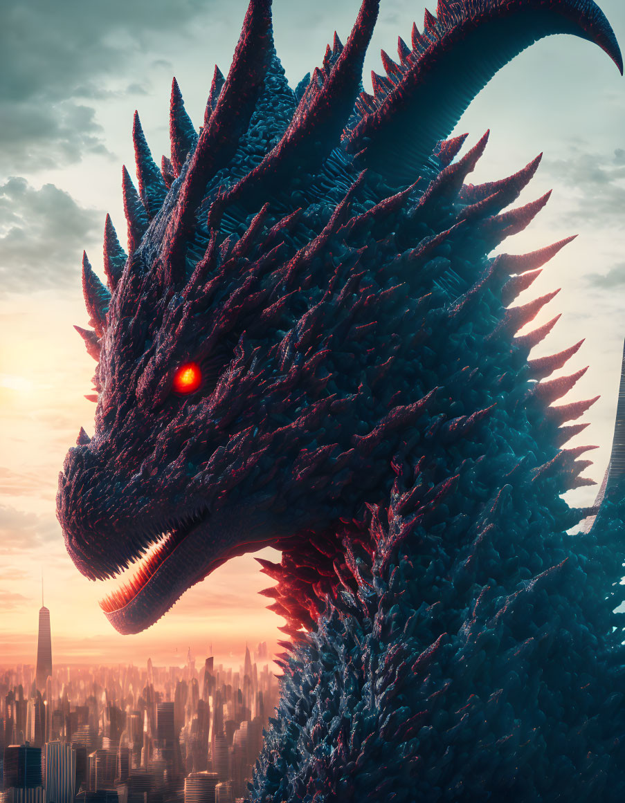 Gigantic dragon overlooks city with sharp scales and glowing red eye