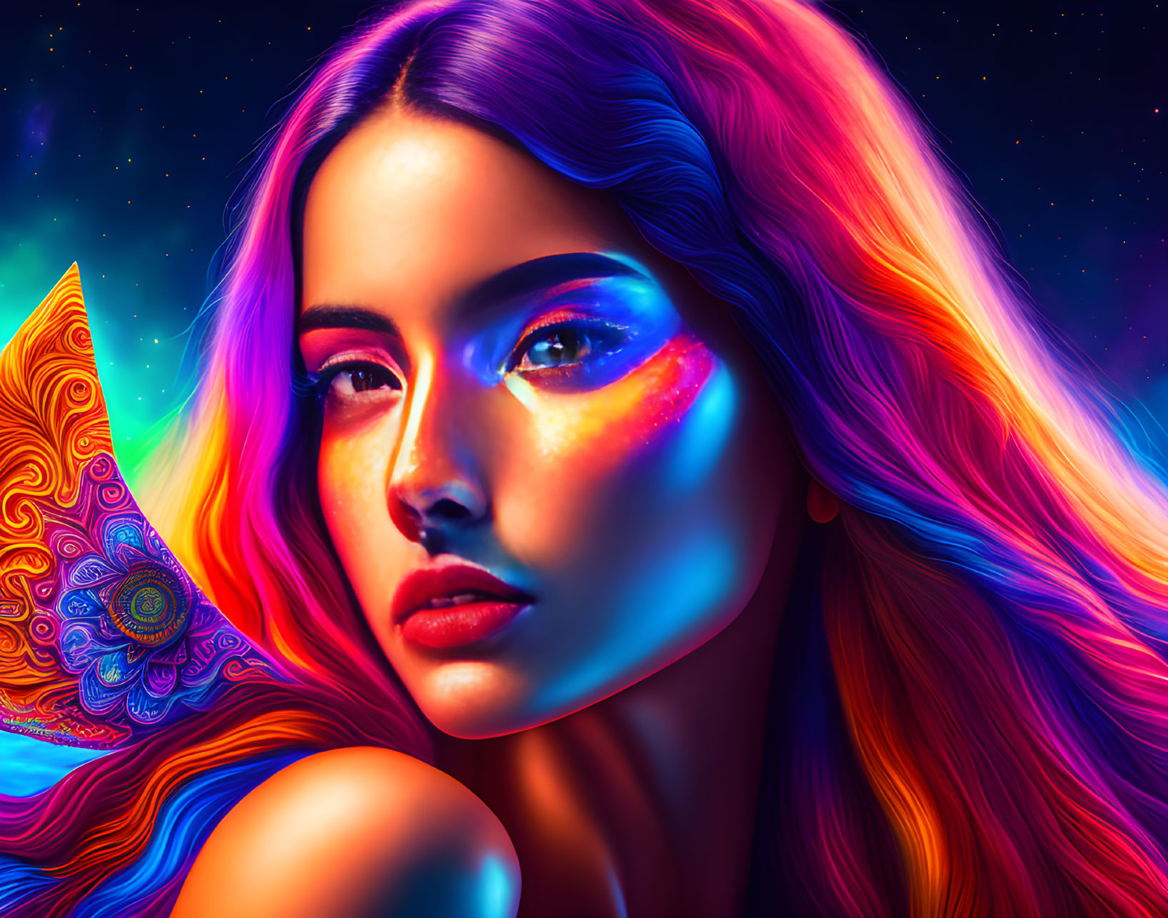 Colorful portrait of a woman with psychedelic patterns and starry night sky