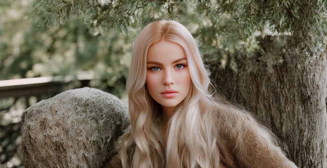 Blonde woman in beige sweater under tree with serene expression